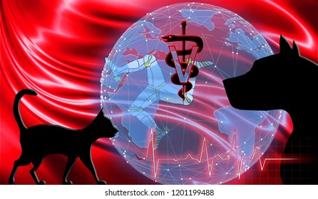 Black Cat And Dog On The Background Of The Flag Of Isle Of Man. Emergency Help For Pets. Vet Clinic