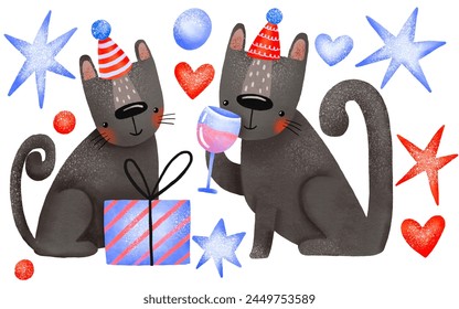 Black cat in a festive cap and with a glass of wine and gifts. Happy birthday. Hand drawn holiday illustration on isolated background
 - Powered by Shutterstock