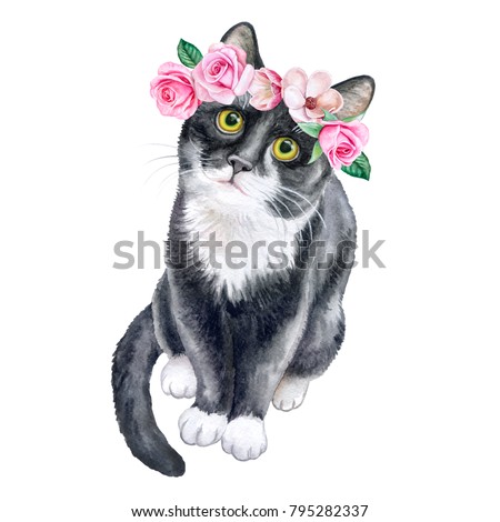 black cat flower wreath crown rosesのイラスト素材 795282337