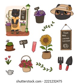 Black Cat Garden And Flowers Set