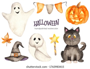 Black Cat, Ghosts, Pumpkin, Hat. Halloween Hand Drawn Watercolor Set. Kids Clipart