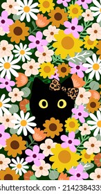 Black Cat Hiding In Flowers 