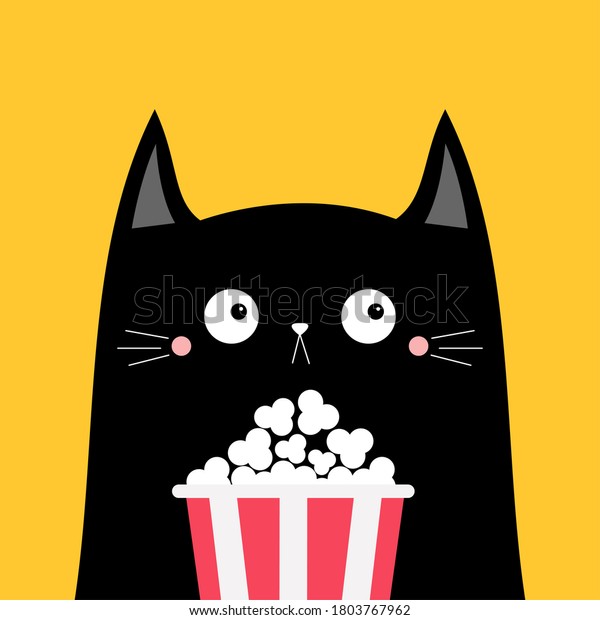 黒猫のポップコーンボックス かわいい漫画のおかしなキャラクター 映画館 映画番組 子猫が映画を見てる Tシャツのノートの表紙に子どもが印刷される のイラスト素材