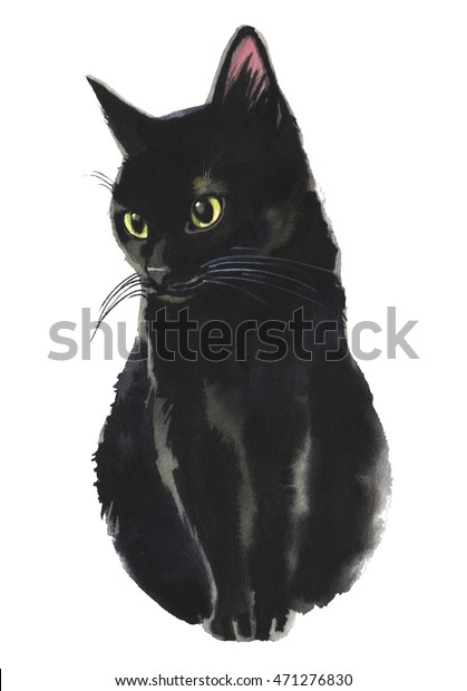 白い背景にハロウィーンにリアルな黒猫の水彩画 のイラスト素材 Shutterstock