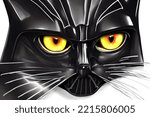 Black cat with yellow eyes wearing a Darth Vader face mask, show casing his long lashes. 