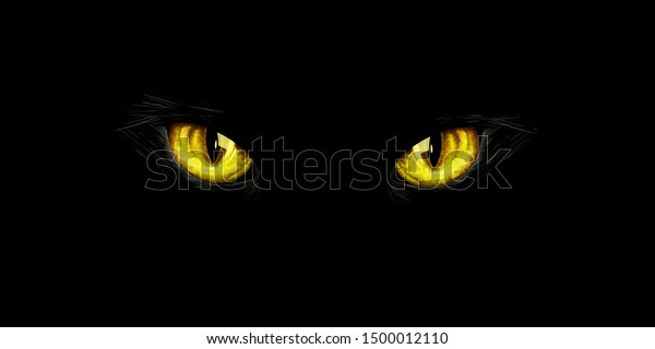 Black cat\'s yellow eyes on black background.\
Halloween card, invitation, animal hand drawn illustration.\
Halloween element for\
design