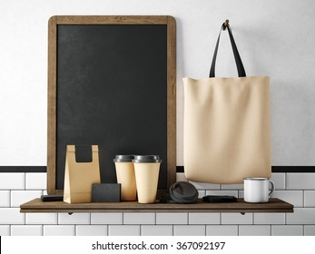 Black chalkboard on bookshelf with coffee set. 3d rendering
