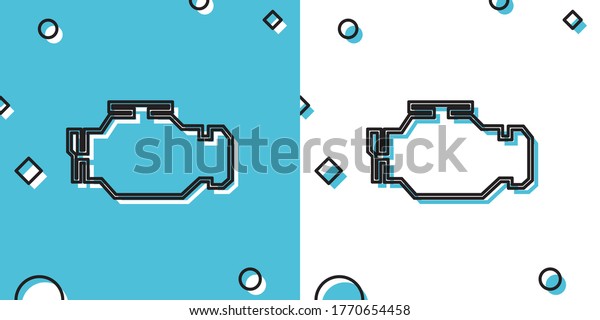 Black Check engine icon isolated on blue\
and white background. Random dynamic\
shapes
