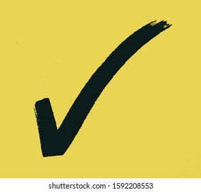 Black Check Mark On Yellow Background Made From A Photo Of A Real Hand Written Check Mark On Small Note Paper