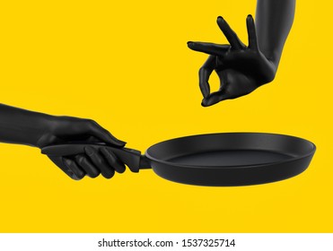 Black Chef Hands Holding Pan Isolated On Yellow, Abstract Illustration Of Cooking And Seasoning Process, Fry Something Promo Banner Concept.  3d Rendering