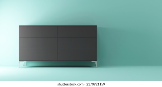 Black Chest Of Drawers Near Turquoise Wall. 3d Rendering