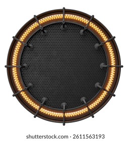 Black Circular Tech Frame with Zigzag Orange Light and Honeycomb Center in 3D Render isolated white background. 3d illustration