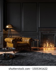 Black Classic Interior With Armchair, Moldings, Fireplace, Candle, Floor Lamp, Carpet And Table. 3d Render Illustration Mockup.