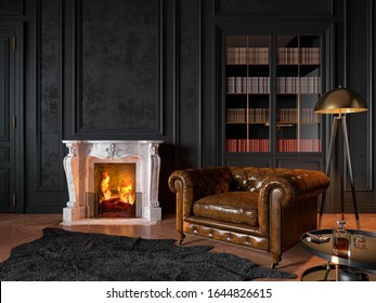 Black Classic Interior With Armchair, Moldings, Fireplace, Floor Lamp, Carpet, Books, Coffee Table And Decor. 3d Render Illustration Mockup.
