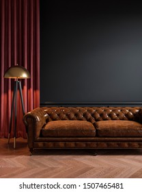 Black classic loft interior with leather sofa, floor lamp, curtain and wood floor. 3d max interior mockup.