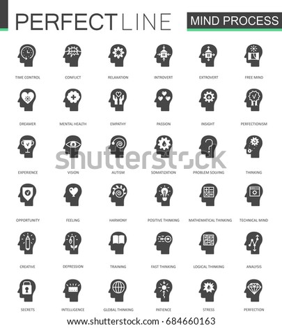 Black classic mind process features web icons set. Thinking, emotions and psychology skills.