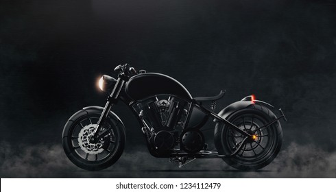 Black Classic Motorcycle On Dark Background With Smoke (3D Illustration)