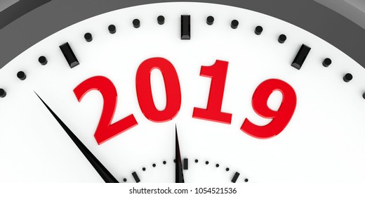 Black clock with 2019 represents coming new year 2019, three-dimensional rendering, 3D illustration