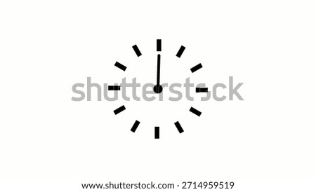 Black clock with rectangular hour markers and a long minute hand pointing at twelve on a white background