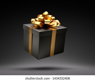 Black closed gift box with golden ribbon isolated on black background - 3D illustration