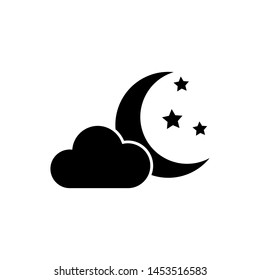 Black Cloud with moon and stars icon isolated on white background. Cloudy night sign. Sleep dreams symbol. Night or bed time sign