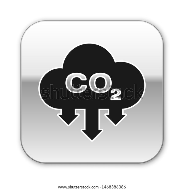 Black CO2 emissions in
cloud icon isolated on white background. Carbon dioxide formula
symbol, smog pollution concept, environment concept. Silver square
button
