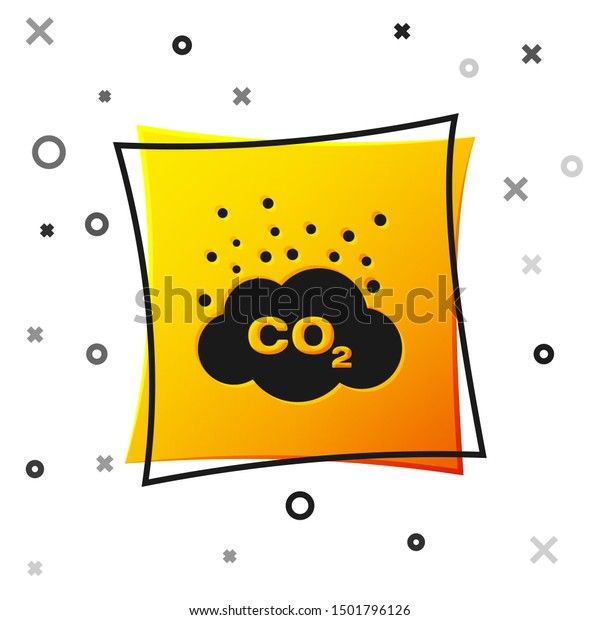 Black CO2 emissions in\
cloud icon isolated on white background. Carbon dioxide formula\
symbol, smog pollution concept, environment concept. Yellow square\
button