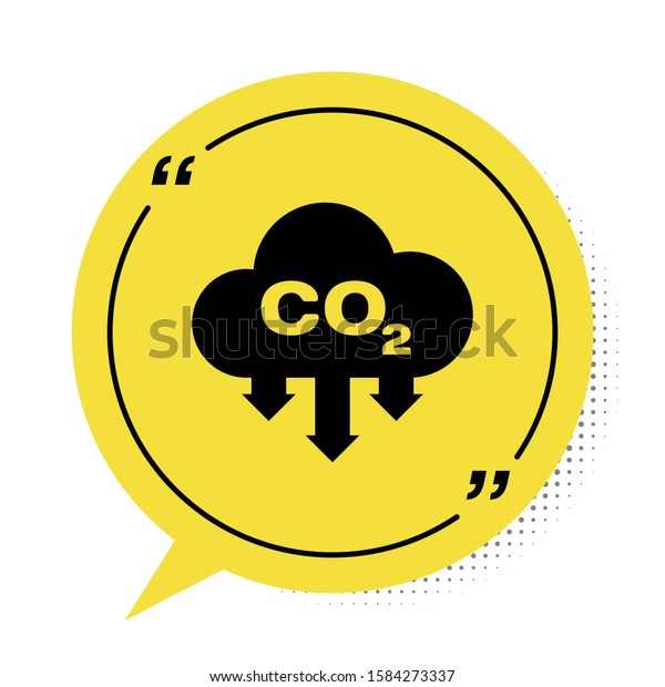 Black CO2\
emissions in cloud icon isolated on white background. Carbon\
dioxide formula symbol, smog pollution concept, environment\
concept. Yellow speech bubble symbol.\
