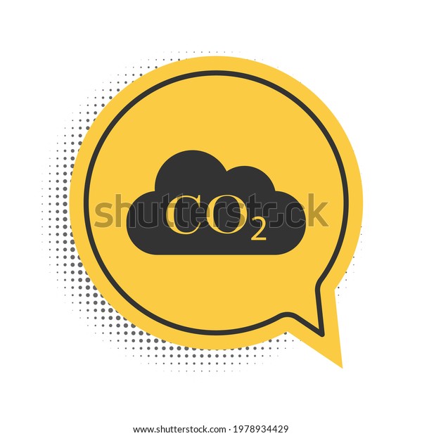 Black\
CO2 emissions in cloud icon isolated on white background. Carbon\
dioxide formula symbol, smog pollution concept, environment,\
combustion products. Yellow speech bubble\
symbol.