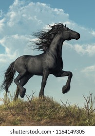 A black coated Friesian horse stands atop a hill.  Descended from the war horses of medieval Europe, it faces proudly into the wind. It raises its legs in a high confident gait. 3D Rendering