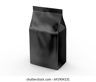 Black Coffee Bean Bag Mockup, Blank Foil Bag Template In 3d Rendering