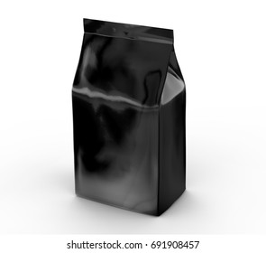 Black Coffee Bean Bag Mockup, Blank Foil Bag Template In 3d Rendering