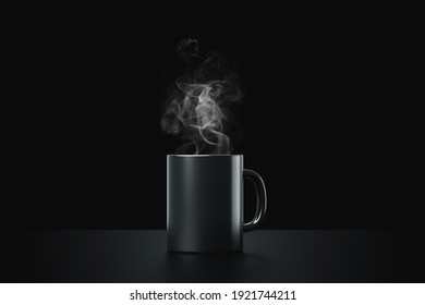 Black coffee cup or empty mug for drink on dark smoke background with blank ceramic porcelain mockup template. 3D rendering.