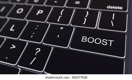 Black computer keyboard and glowing boost key. Conceptual 3D rendering