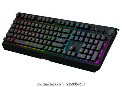 Black Computer Keyboard With Rgb Colors Isolated On White Background. 3D Rendering Of Streaming Gear And Gamer Workspace Concept