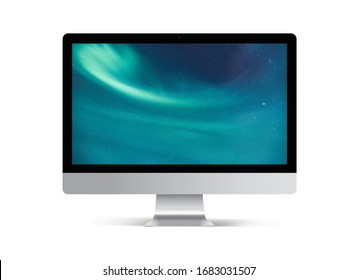 black computer model with a beautiful blue background on the desktop, mac, black laptop with silver base