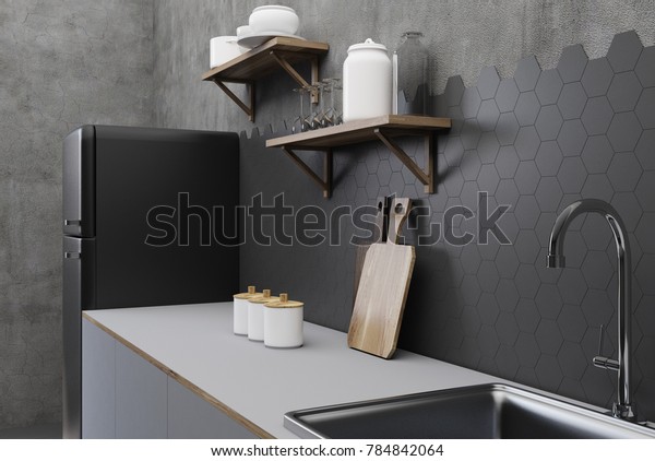 Black Concrete Kitchen Interior Hexagon Tiles Stock Illustration
