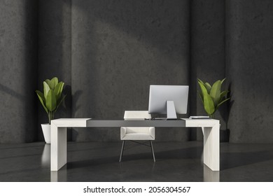 Black Concrete Office With Minimalist Interior Design, Using Creative Office Desk, Two Indoor Plants And White Chair. Concept Of Modern Workspace. 3d Rendering