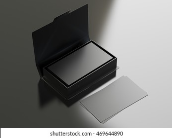 Black Contact Business Cards In The Open Cardboard Box. Clean Mockup Template With Free Copy Space For Design Or Advertising. On Black And Gray Background. 3d Illustration