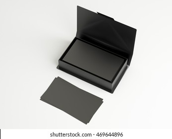 Black Contact Business Cards In The Open Cardboard Box. Clean Mockup Template With Free Copy Space For Design Or Advertising. On White Background. 3d Illustration