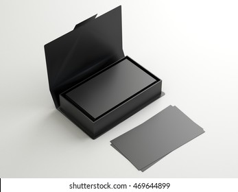 Black Contact Business Cards In The Open Cardboard Box. Clean Mockup Template With Free Copy Space For Design Or Advertising. On White Background. 3d Illustration