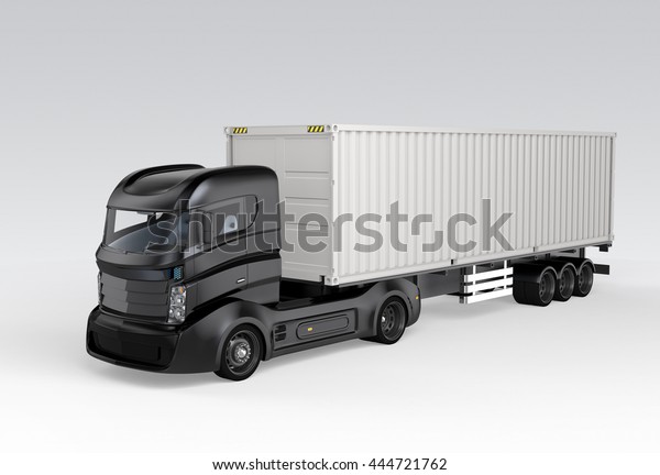 Black container truck isolated on gray background.\
3D rendering\
image.