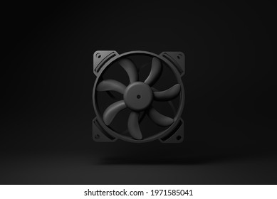 Black Cooling Fan Of Computer Floating On Black Background. Minimal Concept Idea. Monochrome. 3d Render.