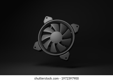 Black cooling fan of computer floating on black background. minimal concept idea. monochrome. 3d render.