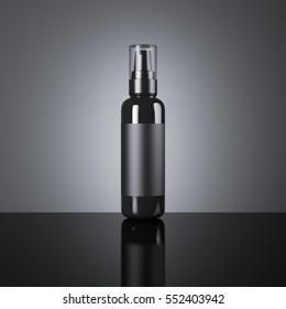 Black Cosmetic Blank Spray Bottle On A Dark Background. 3d Rendering