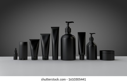 Black Cosmetic Bottles And Tubes For Male Grooming. 3D Rendering