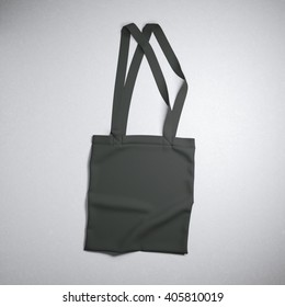 Black Cotton Textile Bag On A Gray Background. 3d Rendering