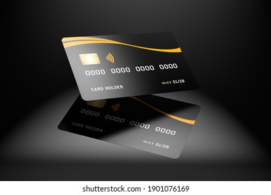 Black credit card mockup, dark background, 3d rendering