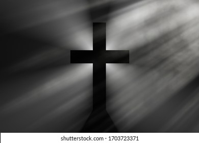 Black cross in the rays of light, simple Christian cross sign, 3D rendering illustration.