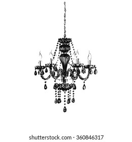 Black crystal chandelier. Hand-painted ink illustration